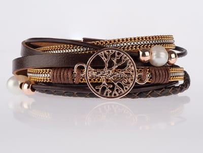 Armband Dames Bruin Leer– Bruine Leren Wikkelarmband Dames – Rosegouden Armband Dames – Levensboom Armband – Bohemian Dames Armband – Galeara Design® – 21.5CM