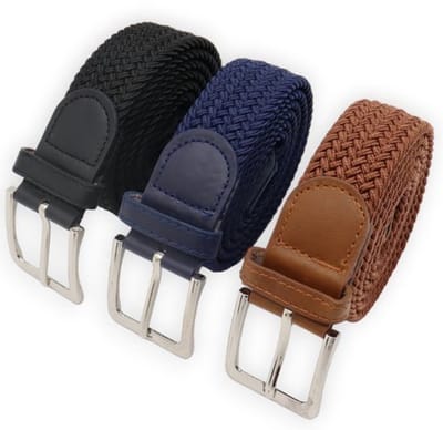 140 cm - Elastische broekriem Stretch riem Vlecht riem Gevlochten riem Elastiek riem - unisex - Kleur 1-Blauw 2-Cognac 3-Zwart 3 pack deal van JVS bags