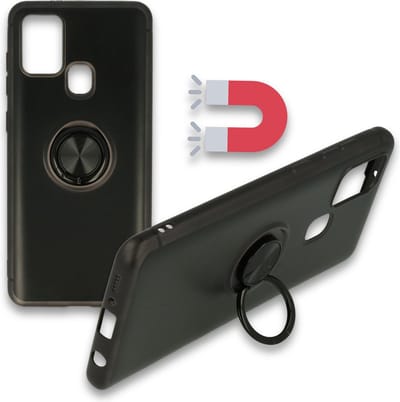 HB Hoesje Geschikt voor Samsung Galaxy A21S - Zwart - Siliconen Back Cover met Ring Kickstand - Geschikt voor Magneet Houders