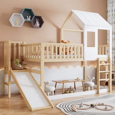 Huisbed met glijbaan - Kinderbed speelhuis - Spelen en slapen - Veilig met dak - 90 x 200 cm