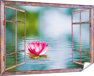 Gards Tuinposter Doorkijk Roze Lotusbloem op het Water - 180x120 cm - Tuindoek - Tuindecoratie - Wanddecoratie buiten - Tuinschilderij