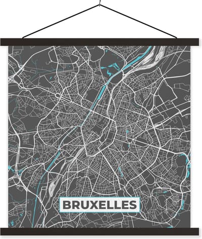 Posterhanger incl. Poster 60x60 cm - Schoolplaat - Stadskaart – Grijs - Kaart – Bruxelles – België – Plattegrond - Textielposter - Zwarte latten - Stadskaart