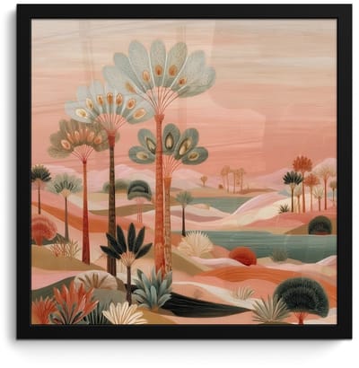 Poster in lijst - Fotolijst 40x40 cm - Posters - Roze landschap - Palmen - Water - Posterlijst zwart - Decoratie - Wanddecoratie woonkamer - Muurdecoratie slaapkamer