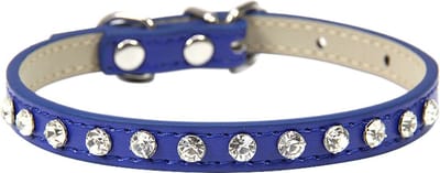 Katten - Halsbandje strass - Bling-Bling - Leder - Kobalt Blauw - Met kleine zirkonia steentjes (vast genageld) - Instelbaar van 15cm t/m 23cm - LET OP !!! : meet eerst de hals van uw huisdier of dit bandje past !