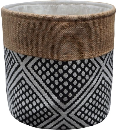 Urbane Hide | Opbergmand | Decoratieve Mand met Geometrisch Diamantpatroon | Plantenmand | Bruin, Zwart en Wit | Katoen & Jute | Ø30xH25 cm