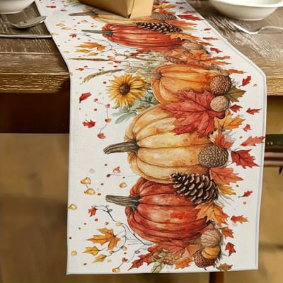 1 pièce Chemin de table d'automne moderne avec design vibrant de citrouille et de feuilles – Parfait pour la décoration de la maison 150x33cm beige