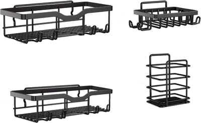 Famanu – Douchecaddy set van 4 met 12 haken, boorvrij zelfklevend, roestvrij badkamer organizer voor douche en keuken