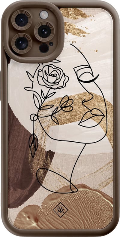 Casimoda® hoesje - Geschikt voor iPhone 12 Pro - Abstract Gezicht Bruin - Effen telefoonhoesje met lensbescherming - TPU - Backcover - Bruin/beige