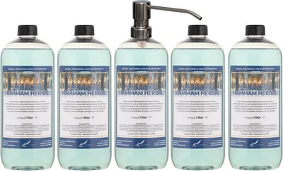 Handzeep Hammam Herbal 1 liter - set van 5 stuks - met gratis RVS zilverkleurige pomp - Voordeelverpakking