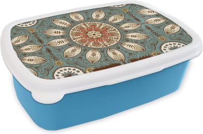 Broodtrommel Blauw - Lunchbox - Brooddoos - Mandala - Retro - Bohemian - Patroon - 18x12x6 cm - Kinderen - Jongen