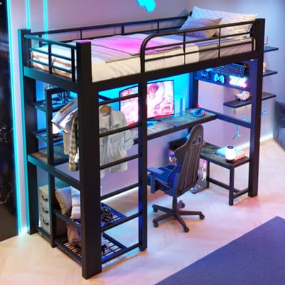 Metalen Hoogslaper 90x200 - LED Licht Bureau Opbergplanken Kledingstang - Zwart Gaming Loft Bed Ruimtebesparend