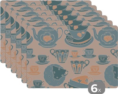 Placemat - Placemats kunststof - Patronen - Vintage - Kopje - Thee - 45x30 cm - 6 stuks - Hittebestendig - Anti-Slip - Onderlegger - Afneembaar