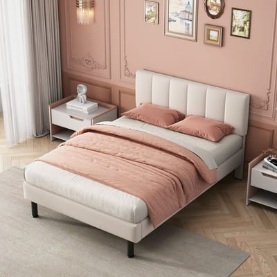 Gutent Tweepersoonsbed (Zonder matras), Ijzeren poten, 140*190cm, Sherpa stof, Beige kleur