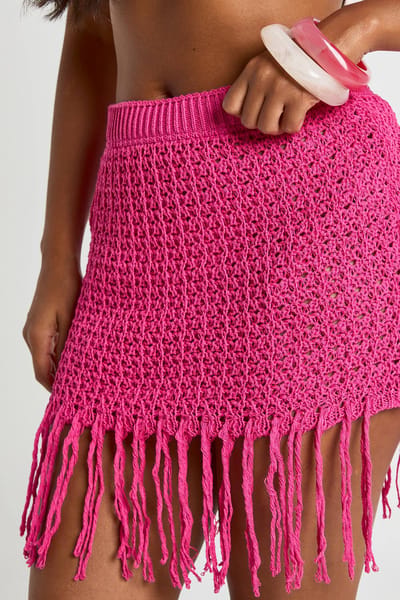 boohoo Dames Gehaakte Mini Strandrok Met Franjes | Hot Pink | Maat: Small