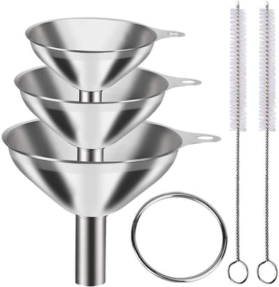 Roestvrijstalen Trechter Set – 3 Delige Keukentrechters met Ring & Reinigingsborstels, Duurzaam & Ruimtebesparend voor Vloeistoffen, Poeder & Olie
