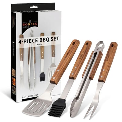 BonFeu Luxe BBQ Gereedschapset – 4-delig – RVS & Acaciahout – Barbecue Bestekset met Spatel, Tang, Vork en Kwast