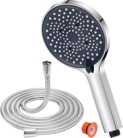 Douchekop met slang 1,8 m, waterbesparend met 6 straalsoorten, regendouche, groot XXL (130 mm), anti-kalkfunctie, chroom