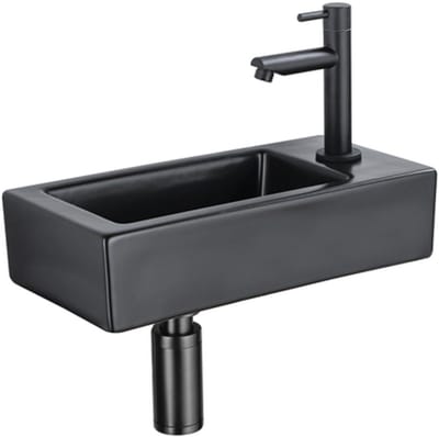 QeramiQ Fuente Fonteinset - 37.5x18.5x9cm - keramiek - kraangat rechts - fonteinkraan zwart mat - afvoerplug - verlaagd sifon - Mat Zwart