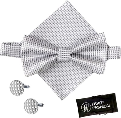 Fako Fashion - Vlinderstrik, Pochette & Manchetknopen Blok - Vlinderdas - Strikje - Pochet - Geblokt - Lichtgrijs