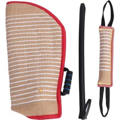 Ensemble d'entraînement à la morsure pour chien 3 pièces Manchon de protection interactif Bâton d'agitation Oreiller à mordre Tirez beige