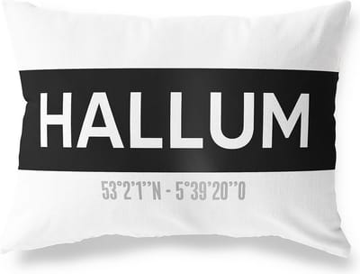 Tuinkussen HALLUM - FRIESLAND met coördinaten - Buitenkussen - Bootkussen - Weerbestendig - Jouw Plaats - Studio216 - Modern - Zwart-Wit - 50x30cm