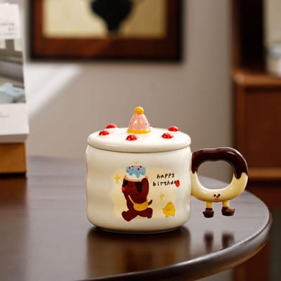 Schattige Dieren Verjaardagstaart Mok Creatief Souvenir Waterbeker Verjaardagscadeau Keramische Beker Koffiekop 301-400ml