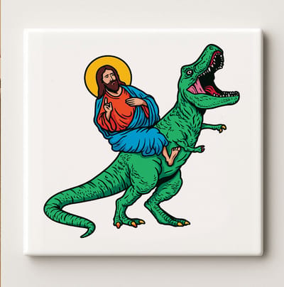 Grappige Jezus op Dinosaurus Tegel – 15x15 cm Humoristische Keramische Muurdecoratie | Uniek Cadeau voor Humor- en Kunstliefhebbers