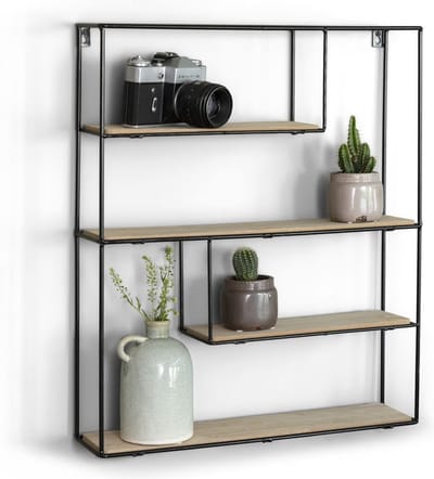 LIFA LIVING Wandrek Bilbao - Wandplank Industrieel - Metaal en MDF - 4 Planken - Zwart - 55x45x11cm