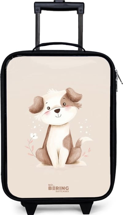 NoBoringSuitcases.com® - Kinderkoffer jongen - Kindertrolley meisje - Hond in de kleuren bruin en beige - Koffer kind lichtgewicht - Reiskoffer trolley voor kinderen - Koffertje met lichtgevende wieltjes - Rolkoffer zwart