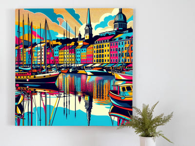 Pop art haven schilderij | Haven of Pop: A Vibrant Artistic Exploration of Urban Life | Kunst - 80x80 centimeter op Forex | Foto op Forex