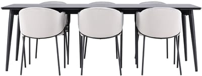 Ellis eethoek tafel 85x230cm en 6 velours stoelen met armleuningen zwart.