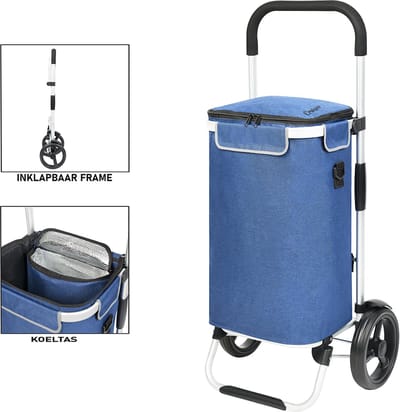 Cruiser Allround Boodschappentrolley met koelvak - Opvouwbare Boodschappenwagen - Afneembare schoudertas - Blauw