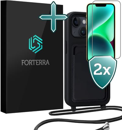 Hoesje Geschikt voor iPhone 13 Pashouder Case Siliconen Hoes Met Koord Met 2x Screenprotector - Hoes Geschikt voor iPhone 13 Met Telefoonkoord Hoesje Back Cover Met Pasjeshouder - Zwart