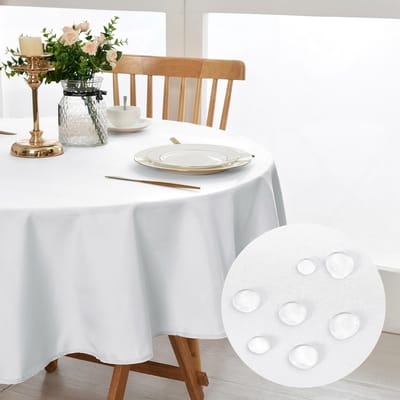 Wit tafelkleed, rond, 180 cm, vlekbescherming, afwasbaar, waterdicht, tafelkleed voor eetkamer, tuin, feest, bruiloften of thuis