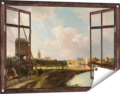 Gards Tuinposter Doorkijk Gezicht op Den Haag vanaf de Delftse Vaart in de Zeventiende Eeuw - Cornelis Springer - 90x60 cm - Tuindoek - Tuindecoratie - Wanddecoratie buiten - Tuinschilderij
