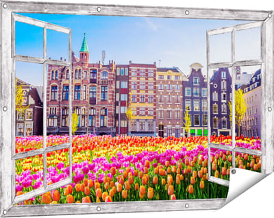 Gards Tuinposter Doorkijk Amsterdamse Huisjes met Tulpen - Kleur - 120x80 cm - Tuindoek - Tuindecoratie - Wanddecoratie buiten - Tuinschilderij