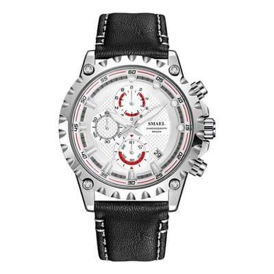 Class-style  Chronograaf Heren Horloge Zilverkleurig stalen kast met Zwart leder band | SMAEL 9105B55 | Waterdicht |Analoog | Mud | Shock bestendig| Leger | zwarte Band | Timer | Master