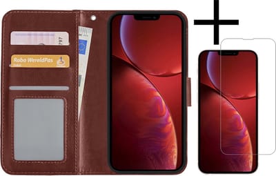 Hoesje - Met Screenprotector - Geschikt voor Apple iPhone 14 - Luxe Pasjeshouder - Bookcase Portemonee - Flip Case - Kunstleer Book Case - Flipcase - Book Cover - Walletcase - Portemonneehoes - Bruin