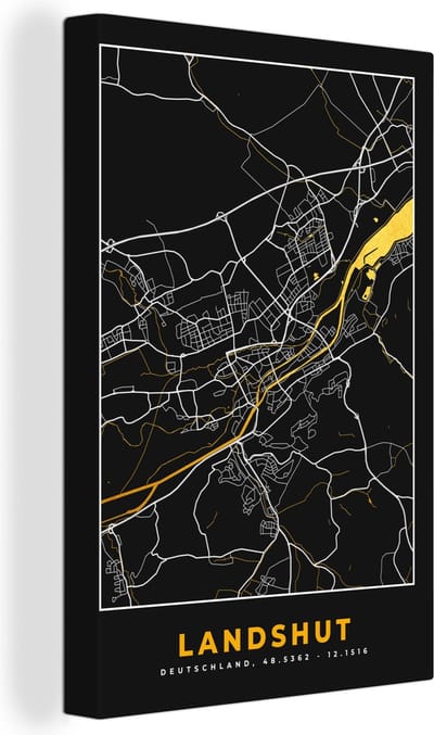 Canvas Schilderij Black and Gold – Stadskaart – Landshut – Duitsland – Plattegrond – Kaart - 20x30 cm - Wanddecoratie