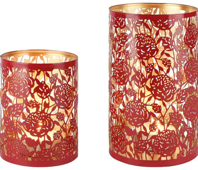 Dekoratief | Set 2 Waxinelichthouders 'Wild Roses', rood/goud, metaal, 12x12x20cm | A258093