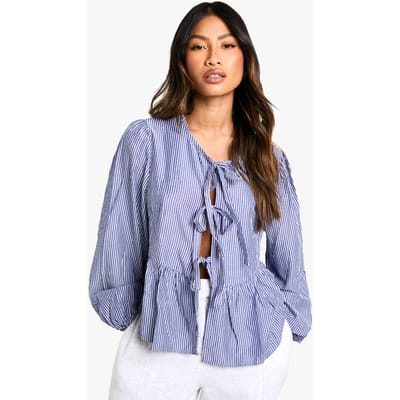boohoo Dames Marineblauwe pinstripe top met vetersluiting aan de voorkant, puff mouwen en smock detail | Navy | Maat: 6