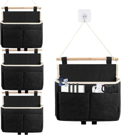 Hanging Storage Bags voor Wandorganisatie - 4 Stuks met 2 Compartimenten en Plakhaakjes voor Thuis, Kantoor en RV Opslag (Zwart)