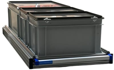Schuifframe eenhandsbediening 120x40 cm in aluminium met 3 bakken met deksel