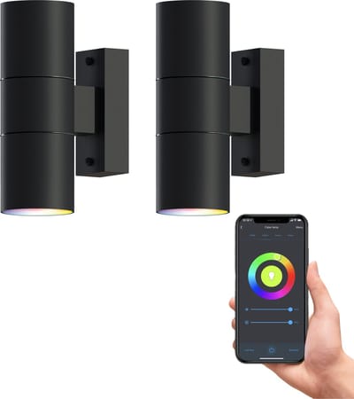 Calex Slimme Up & Down LED Wandlamp – Set van 2 Stuks - Zwart – RVS - Smart Buitenlamp – App bedienbaar – Voor binnen en Buiten