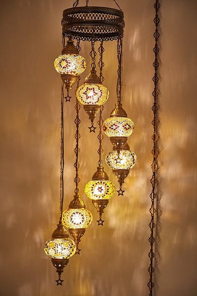 Turkse Lamp - Hanglamp Mozaïek - 7 bollen - Bruin en gekleurd glas - Authentiek handgemaakt