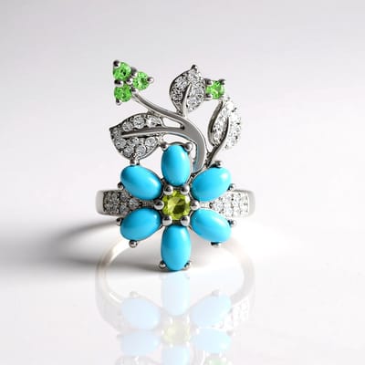 Cavill - 925 Sterling Zilver Ring - 6x Sleeping Beauty Turkoois 2 612 ct - Peridoot Tsavoriet - Bloemenmotief Statement Ring