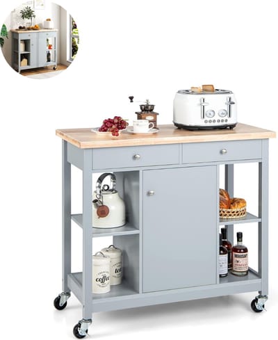 Keukeneiland - Verplaatsbaar - Keukenkast - Dressoir - Organizer - Kasten - Houten Werkblad - Lade - Grijs