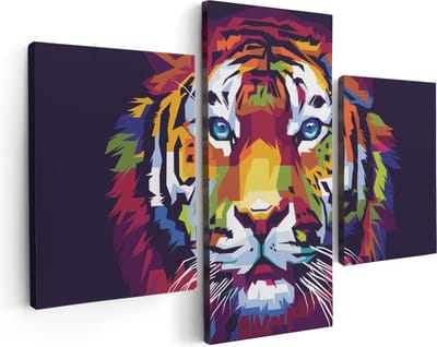 Artaza Canvas Schilderij Drieluik Kleurrijke Tijger - Abstract - 90x60 - Foto Op Canvas - Canvas Print