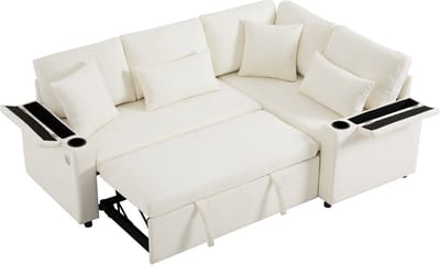 REDOM - Hoekslaapbank - Uitschuifbaar Met Opbergruimte En USB - Klassiek L-Vormig - Chenille - Beige - 206,5 x 141 x 86 cm