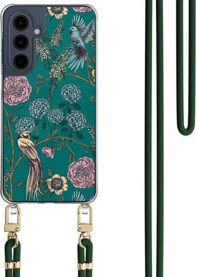 Hoesje met koord geschikt voor Samsung Galaxy A16 - Vogels Japanse bloemen - Inclusief Groen koord - Crossbody beschermhoes - Transparant, Groen - Mooie Telefoonhoesjes